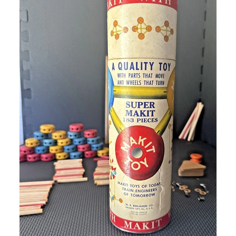 Vintage Makit Build Toy 90+ Pieces with Canister